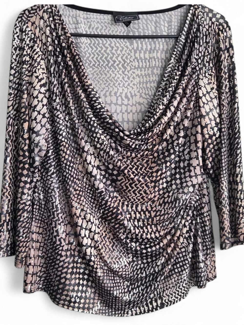 Cowl Neck Sequin-Print Top - Black & Cream